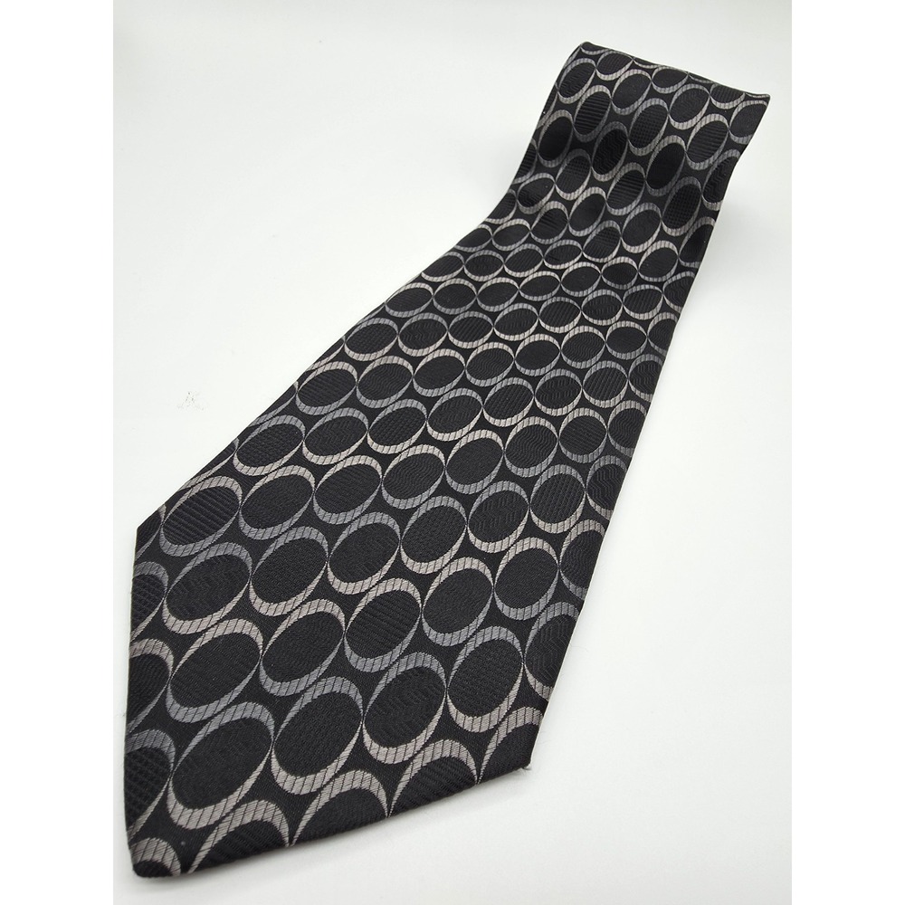 Today's Man 100% Silk Geometric Necktie Black Gray Tie 55" x 3.75"